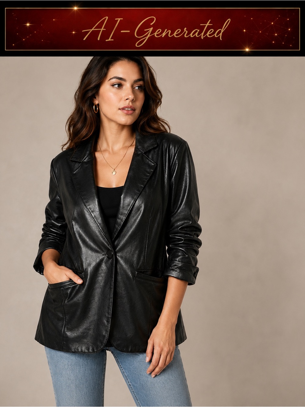 Democracy Black Faux Leather Coat Jacket Blazer, Ruched Sleeve Black Medium